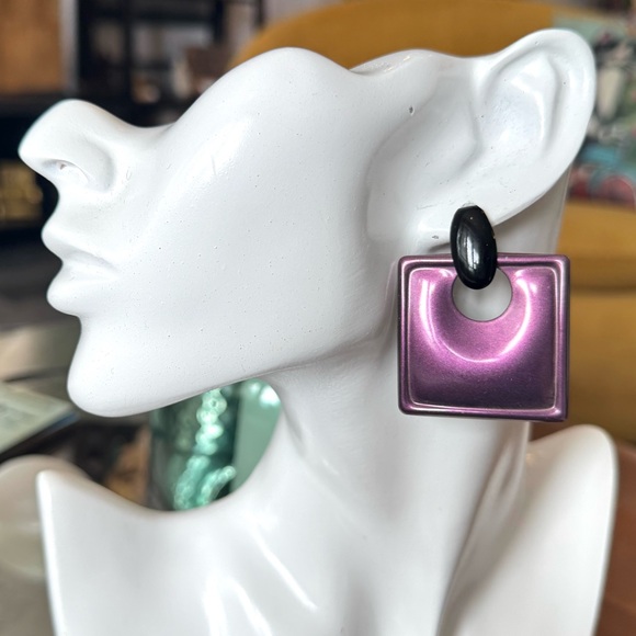 Vintage Purple and Black Square Earrings - Picture 1 of 7